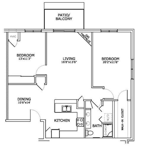 Floor plan for 2 beds, 1 bath, 1113 sqft